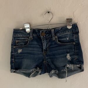 American Eagle Super Stretch Distressed Jean Shorts, Size 4, Dark Blue Denim